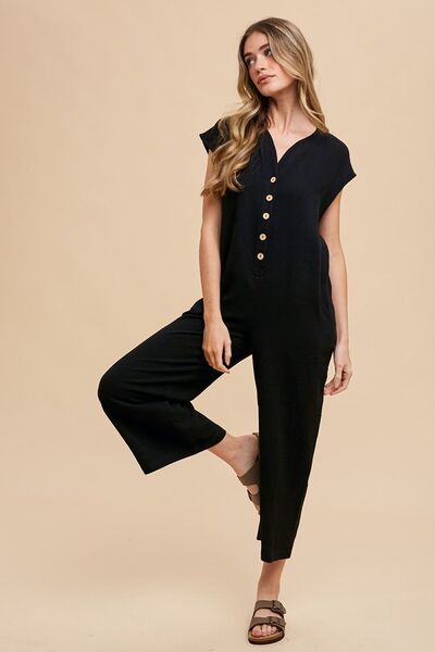 Black Annie Wear Button Detail Wide Leg Jumpsuit With Pockets