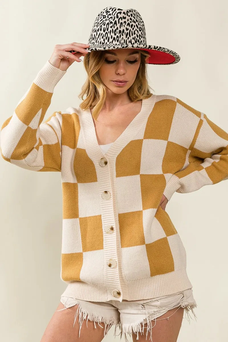 Bibi Checked V Neck Cardigan