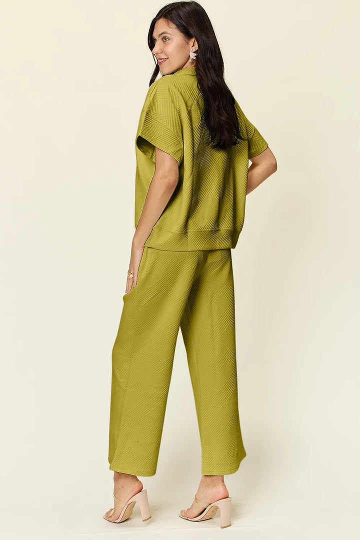 Deep Teal Double Take Full Size Texture Half Zip Short Sleeve Top And Pants Set 1