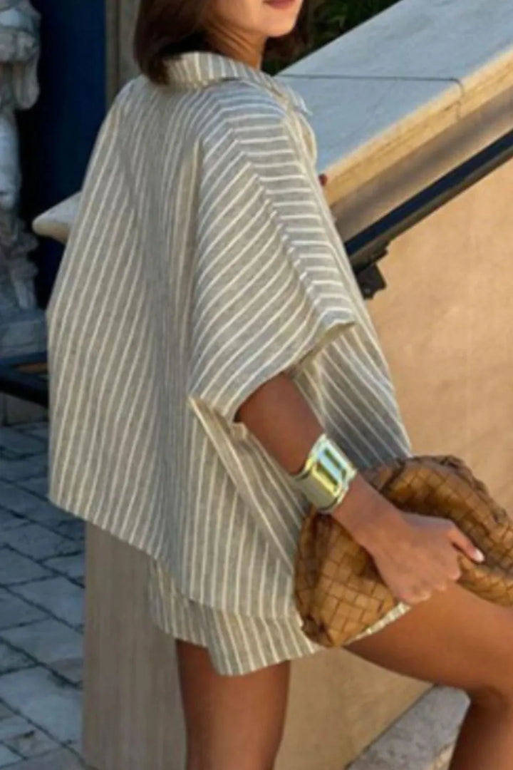 Grey Striped Linen Shirt And Shorts Two Piece Summer Set