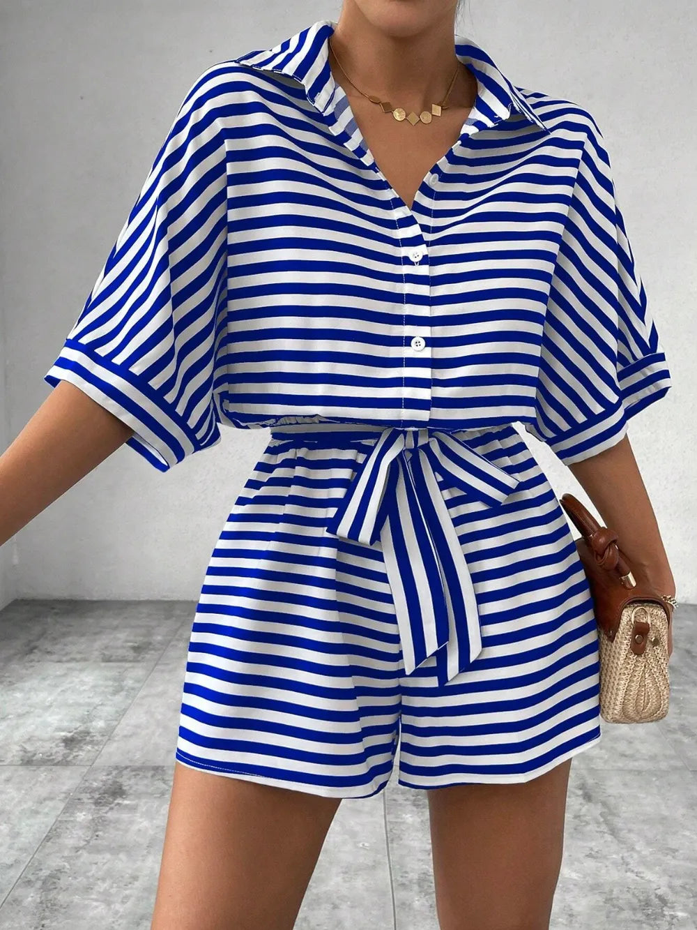 Royal Blue Tie Waist Half Button Striped Romper