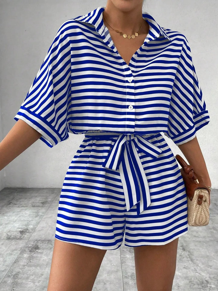Royal Blue Tie Waist Half Button Striped Romper