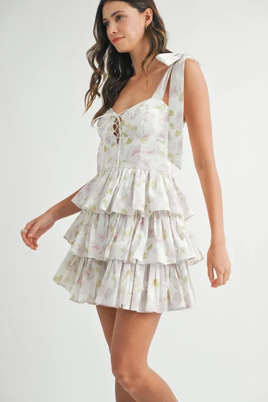 Mable Floral Print Shoulder Tie Layered Mini Dress