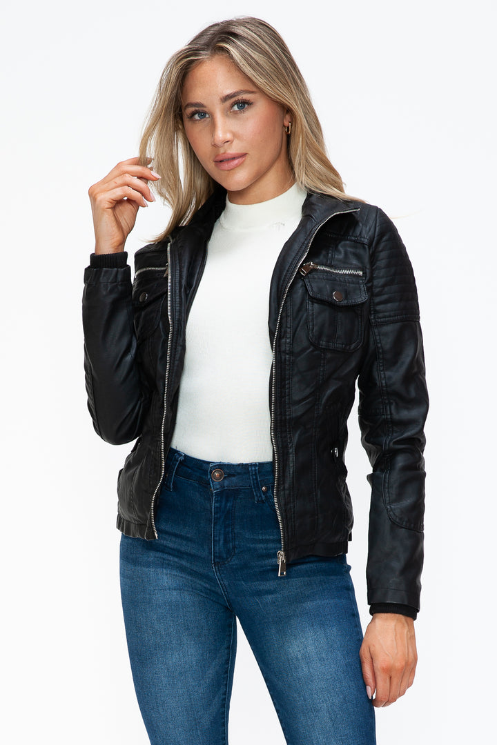 Ymi Removable Faux Layered Multi Pocket Jacket With Fuzzy Hood