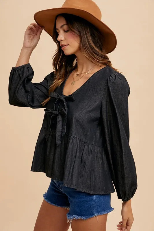 Black Annie Wear Tie Front Peplum Long Sleeve Denim Top