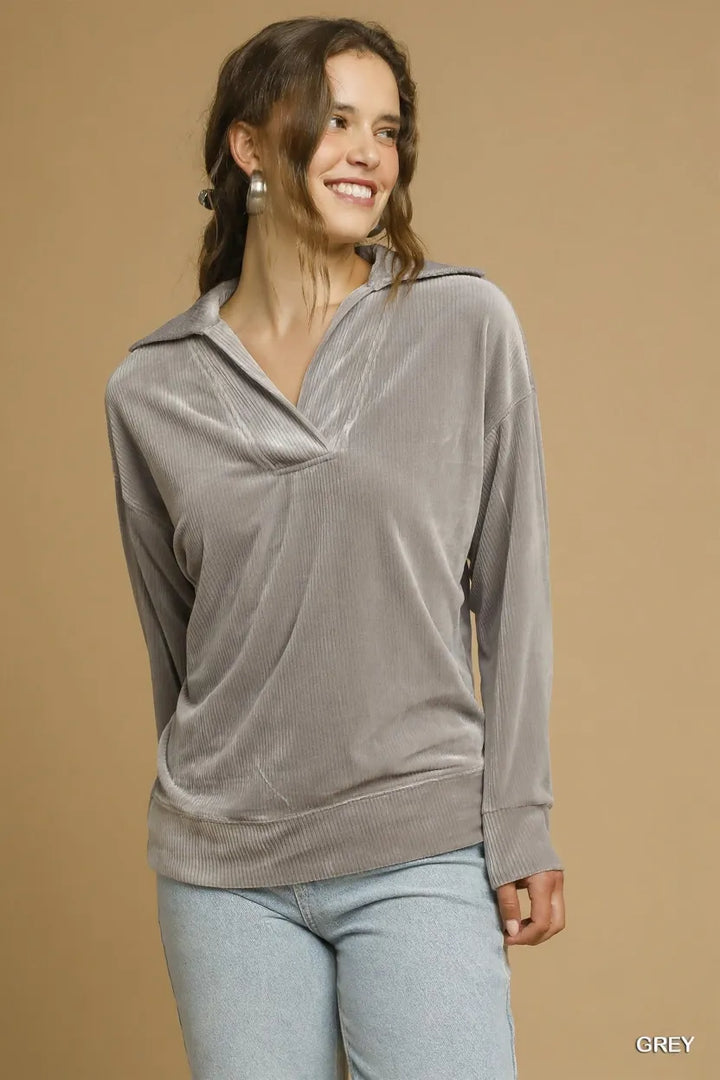 Grey Umgee Soft Thermal Collared Long Sleeve Top 1