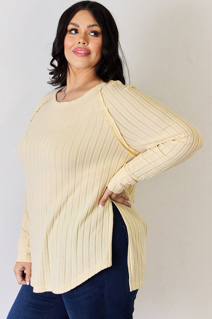 Deep Red Basic Bae Full Size Ribbed Round Neck Slit T Shirt