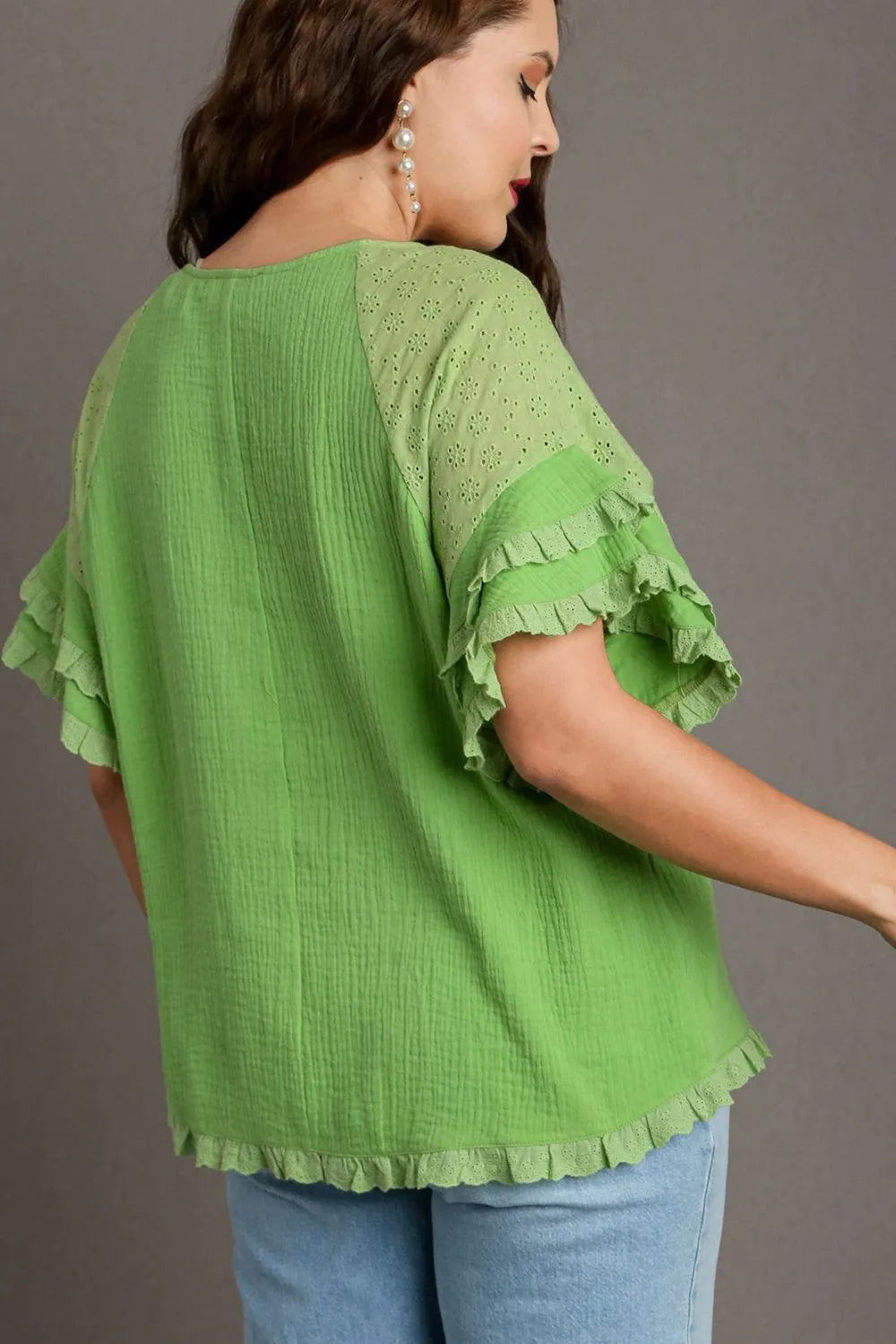 Lime Umgee Full Size Cotton Gauze Round Neck Ruffle Eyelet Layered Sleeve Blouse Plus Size