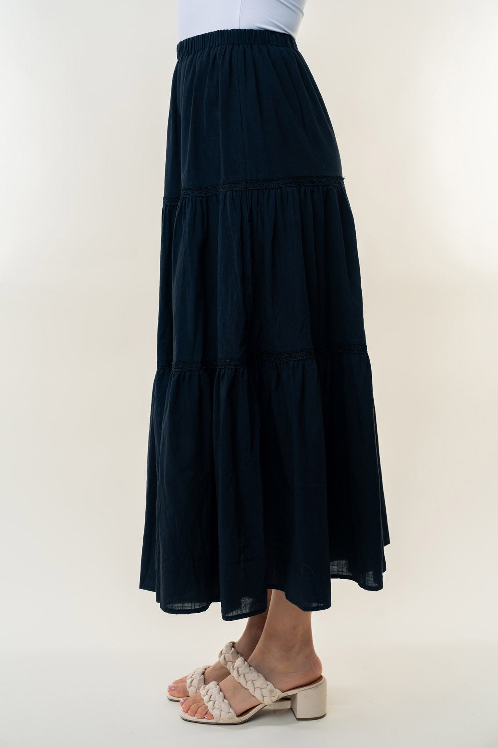 Black White Birch High Waisted Tiered Maxi Skirt