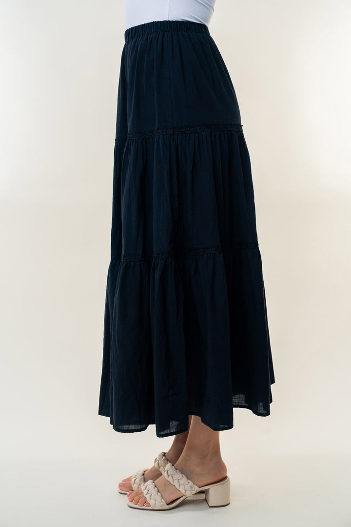 Black White Birch High Waisted Tiered Maxi Skirt