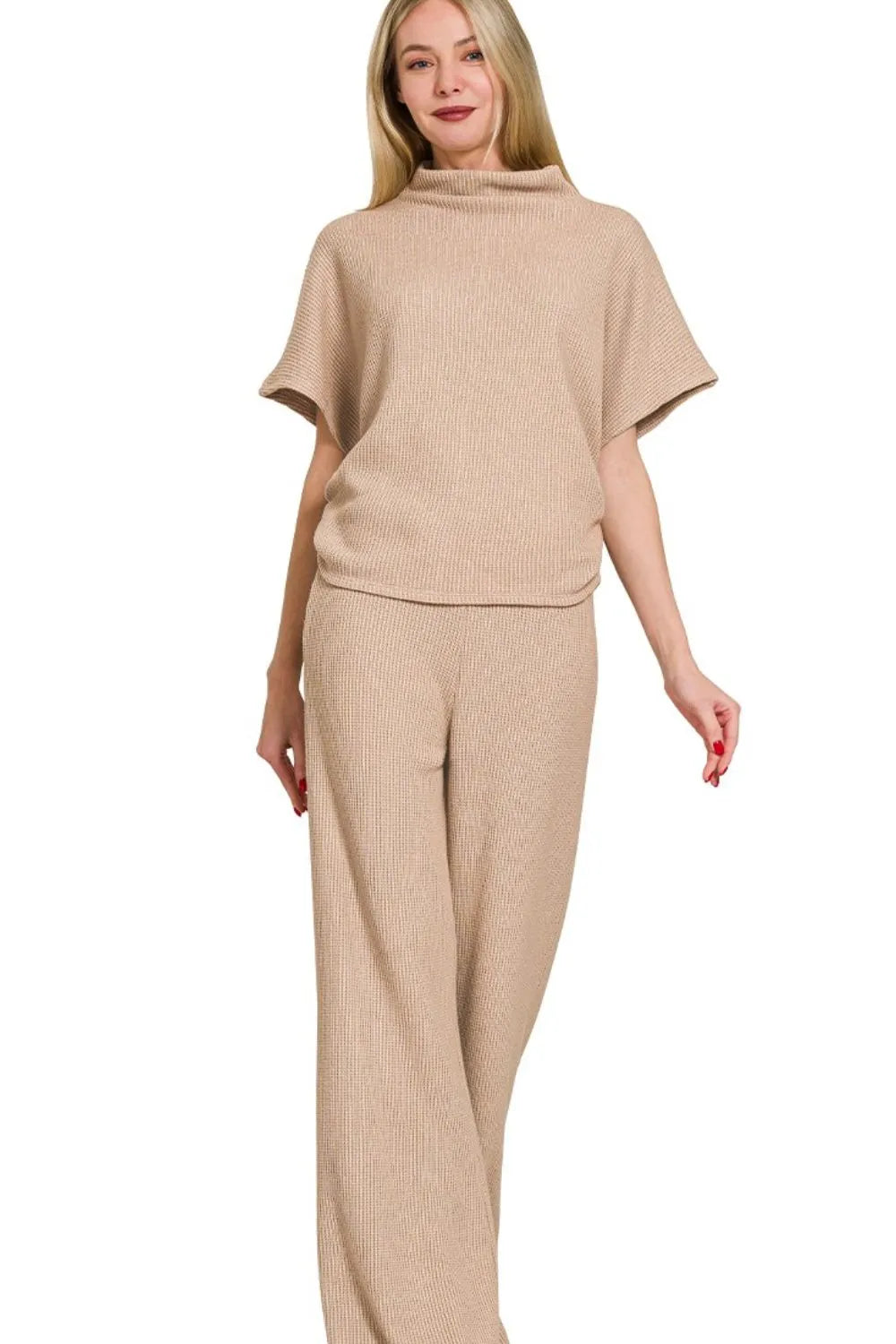 Lt Mocha Zenana Sweater Mock Neck Top Long Pants Set 1