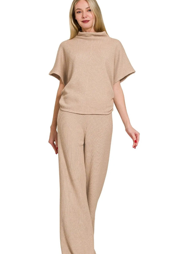 Lt Mocha Zenana Sweater Mock Neck Top Long Pants Set 1