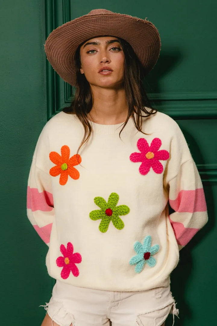 Bibi Colorful Floral Patched Sweater With Striped Sleeve