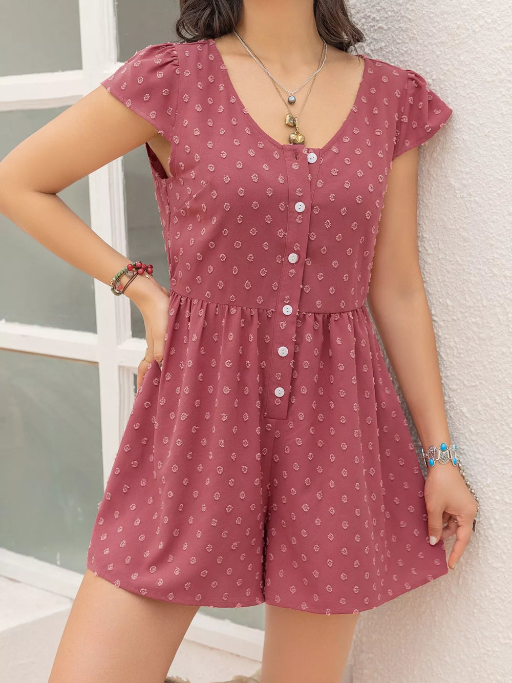 Rust Swiss Dot Cap Sleeve Romper