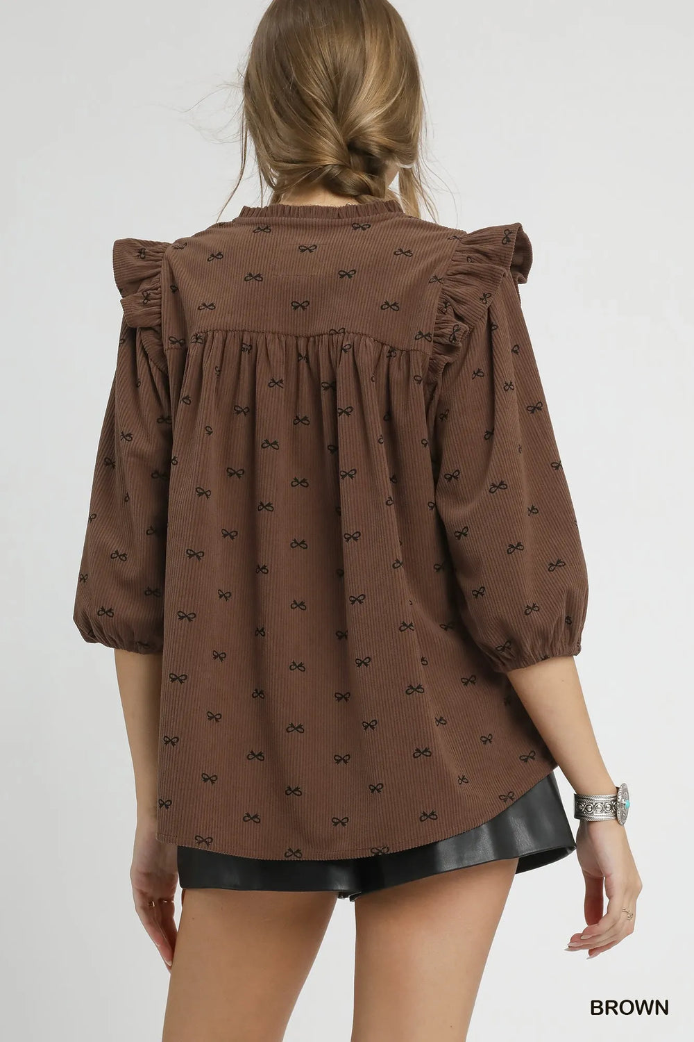 Brown Umgee Bow Print Corduroy Puff Sleeve Blouse With Ruffled 1