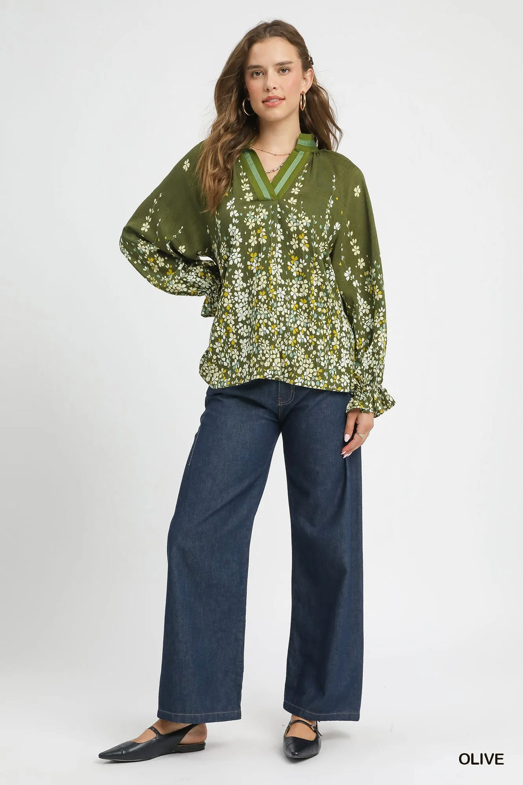 Umgee Floral Vine Print Blouse With Balloon Sleeves