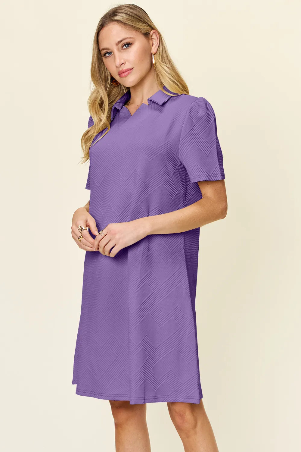 Lavender Double Take Full Size Texture Collared Neck Short Sleeve Dress
