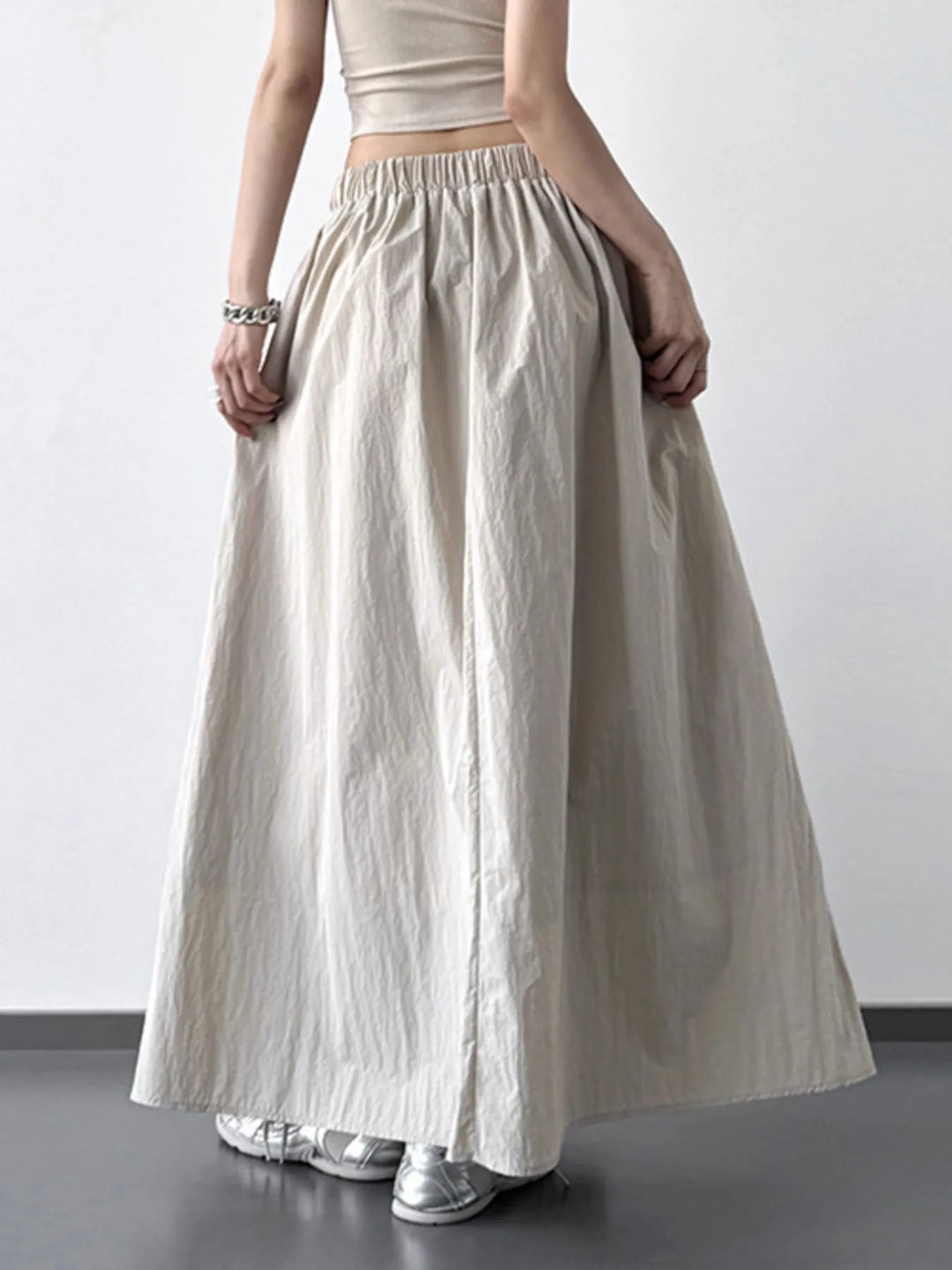 Light Khaki Pleated Linen Maxi Skirt