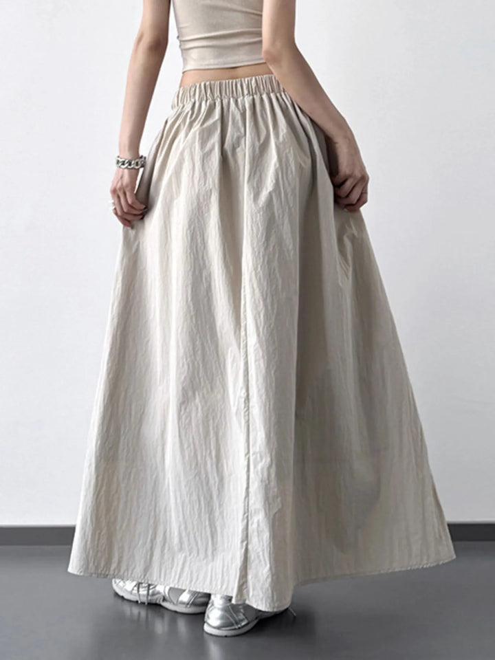Light Khaki Pleated Linen Maxi Skirt