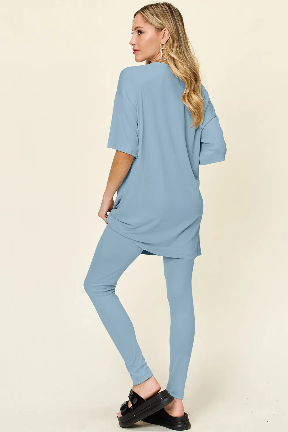 Light Green Double Take Full Size Round Neck Dropped Shoulder T Shirt And Leggings Set
