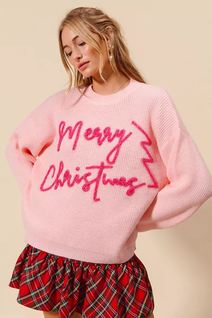 Blush/Pink So Me Merry Christmas Tinsel Lettering Sweater