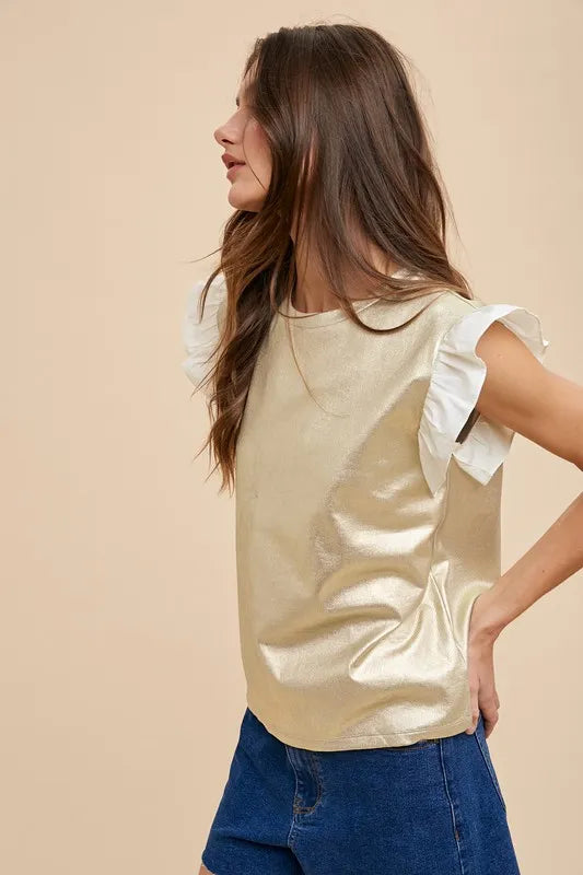 Ice Gold Annie Wear Mix Media Metallic Knit Ruffle Sleeve Top
