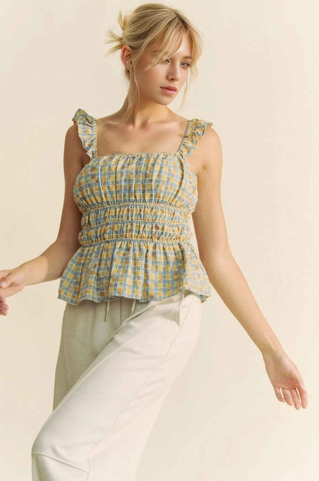 Blue Multi Davi Dani Plaid Ruffled Strap Smocked Sleeveless Top