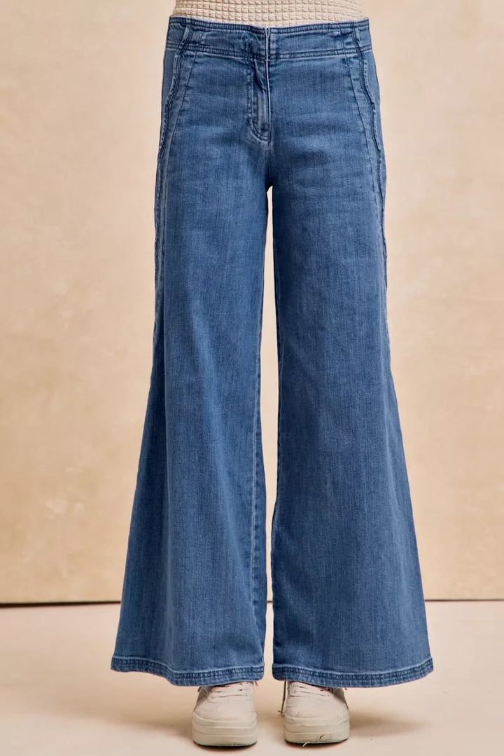 Denim Bibi Wavy Side Edge Detail Lined Wide Leg Jeans