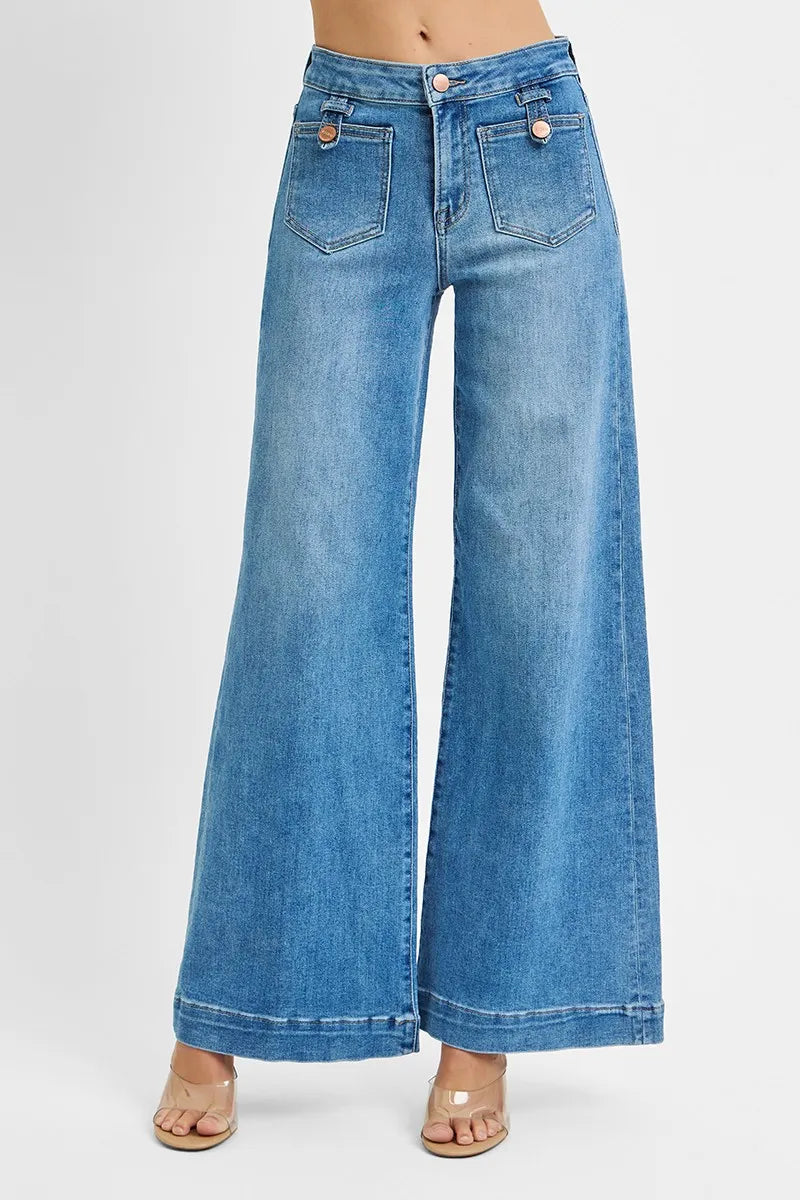Medium Risen Full Size Mid Rise Wide Front Patch Pocket Jeans Plus Size