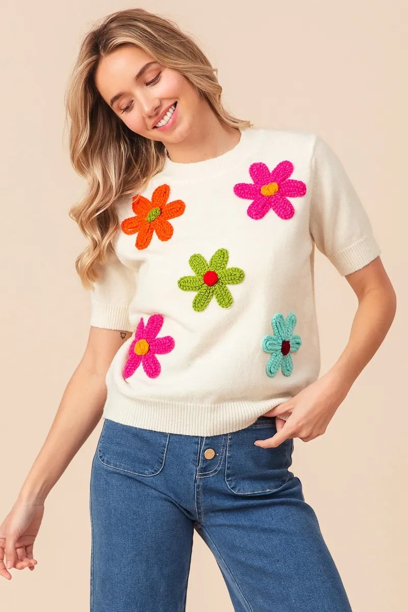 Ivory Bibi Crochet Flower Patch Sweater Top