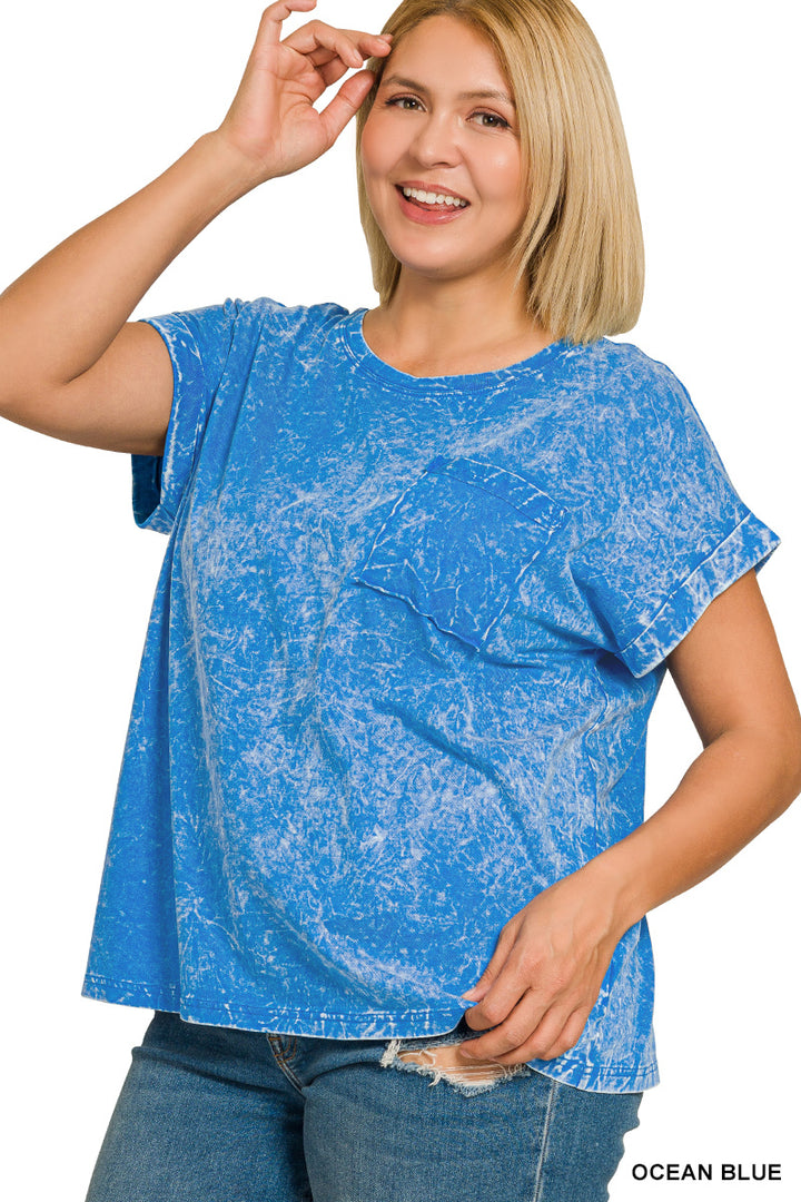 Ocean Blue Zenana Full Size Crinkle Washed Round Neck Folded Short Sleeve Tee Plus Size 1