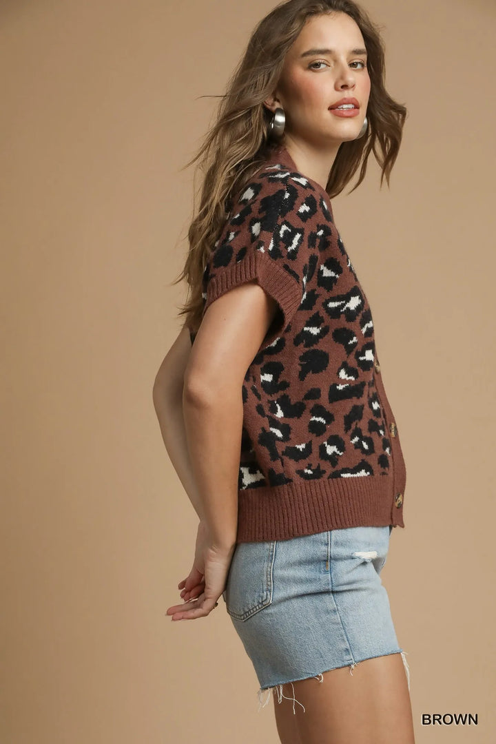 Brown Umgee Leopard Button Down Short Sleeve Cardigan