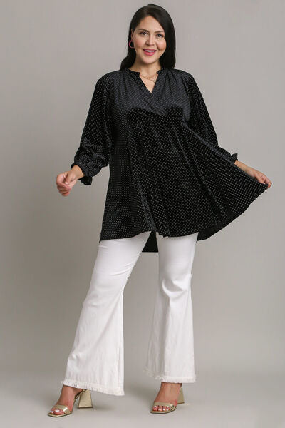 Black Umgee Full Size Beaded Frill Flounce Sleeve Velvet Babydoll Blouse