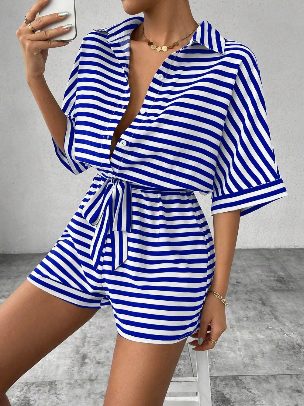 Royal Blue Tie Waist Half Button Striped Romper