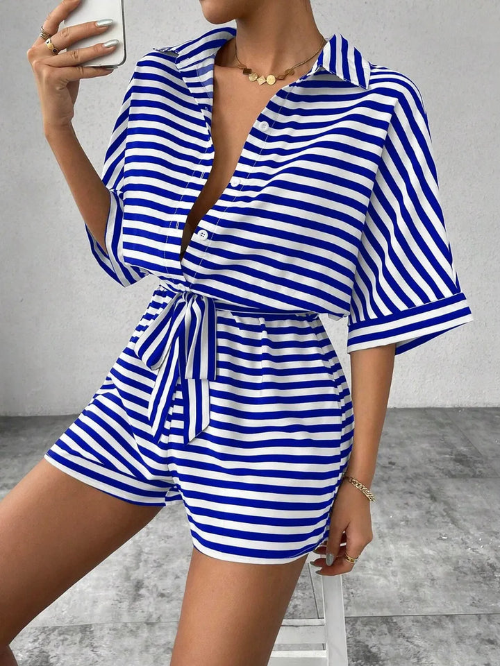 Royal Blue Tie Waist Half Button Striped Romper