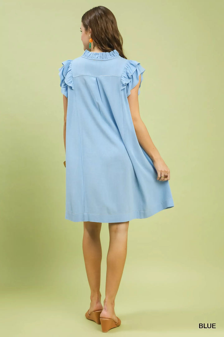 Blue Umgee Linen Flutter Sleeve Shift Dress With Pockets 2