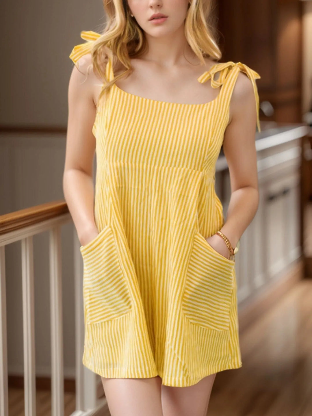 Pastel Yellow Stripe Shoulder Tie Smocked Back Casual Romper