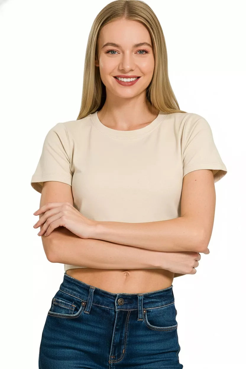 Sand Beige Zenana Cotton Short Sleeve Round Neck Cropped Top
