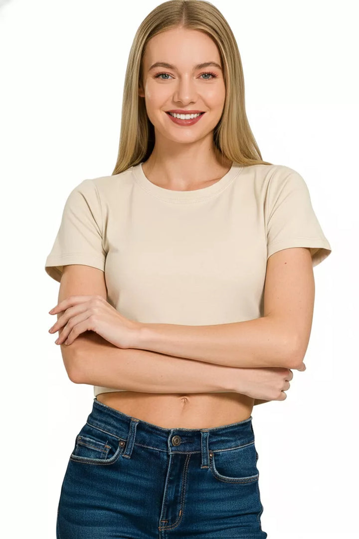 Sand Beige Zenana Cotton Short Sleeve Round Neck Cropped Top