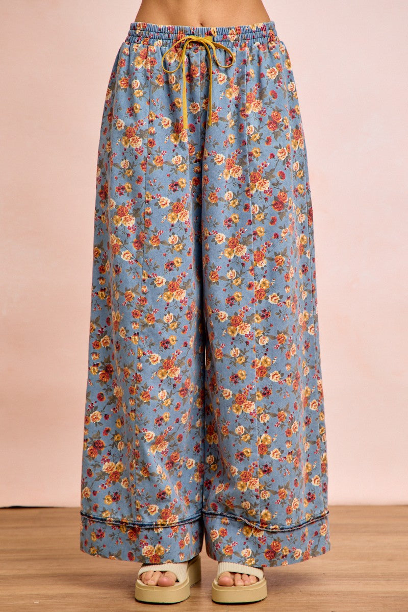 Denim Bibi Floral Printed Drawstring Wide Pants