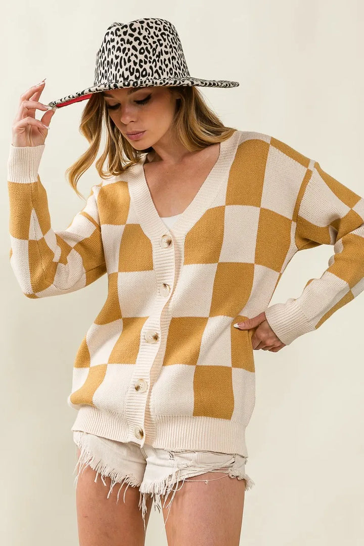 Ivory/Camel Bibi Checked V Neck Cardigan
