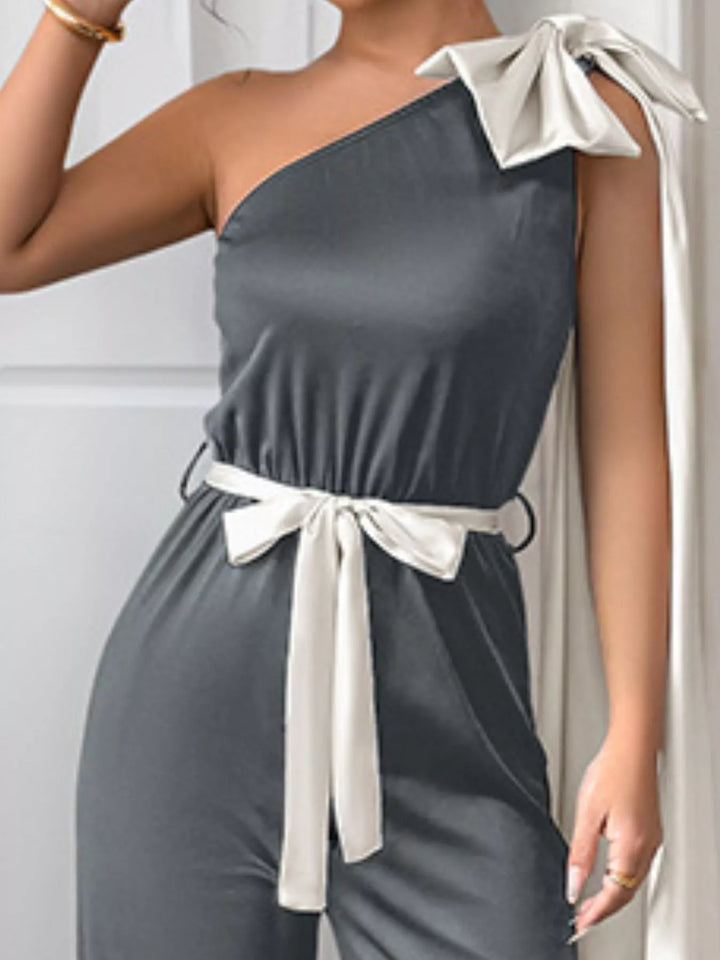 Green One Shoulder Bowknot Wide Leg Jumpsuit