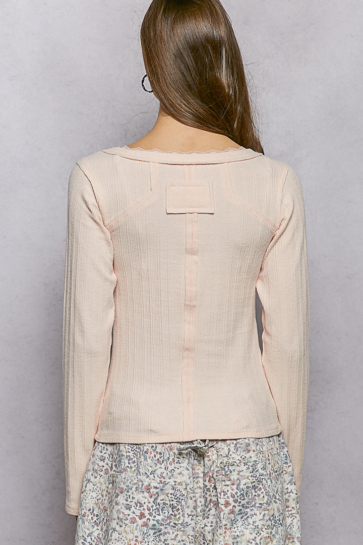 Pol V Neck Long Sleeve Ribbed Top With Lace Accent Neckband 1