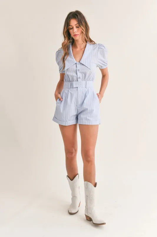 Mable Striped Puff Sleeve Collared Neck Romper 1