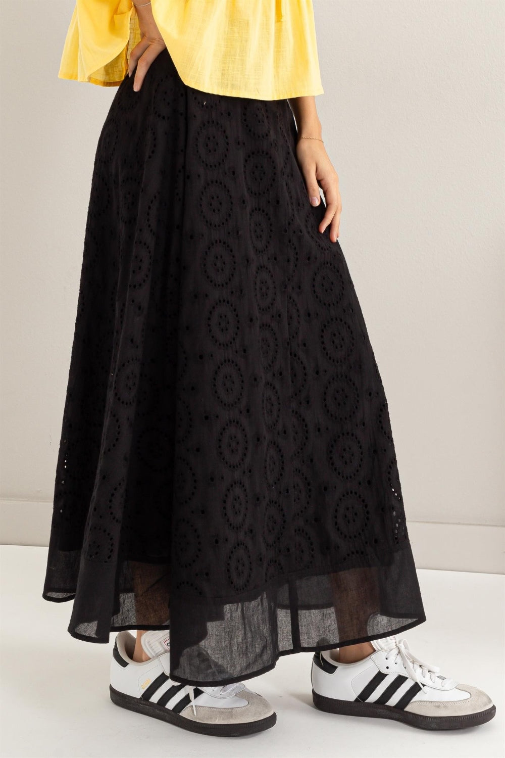 Black Hyfve Eyelet High Waist Midi Skirt