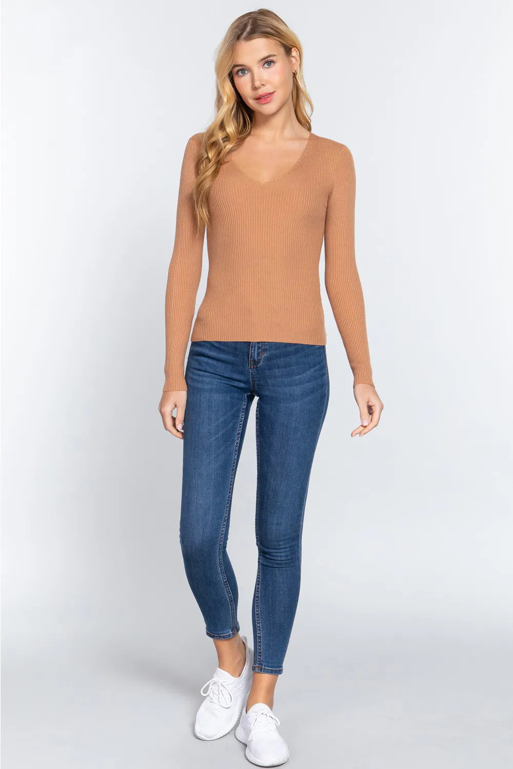 Khaki Active Basic V Neck Fitted Viscose Rib Knit Top