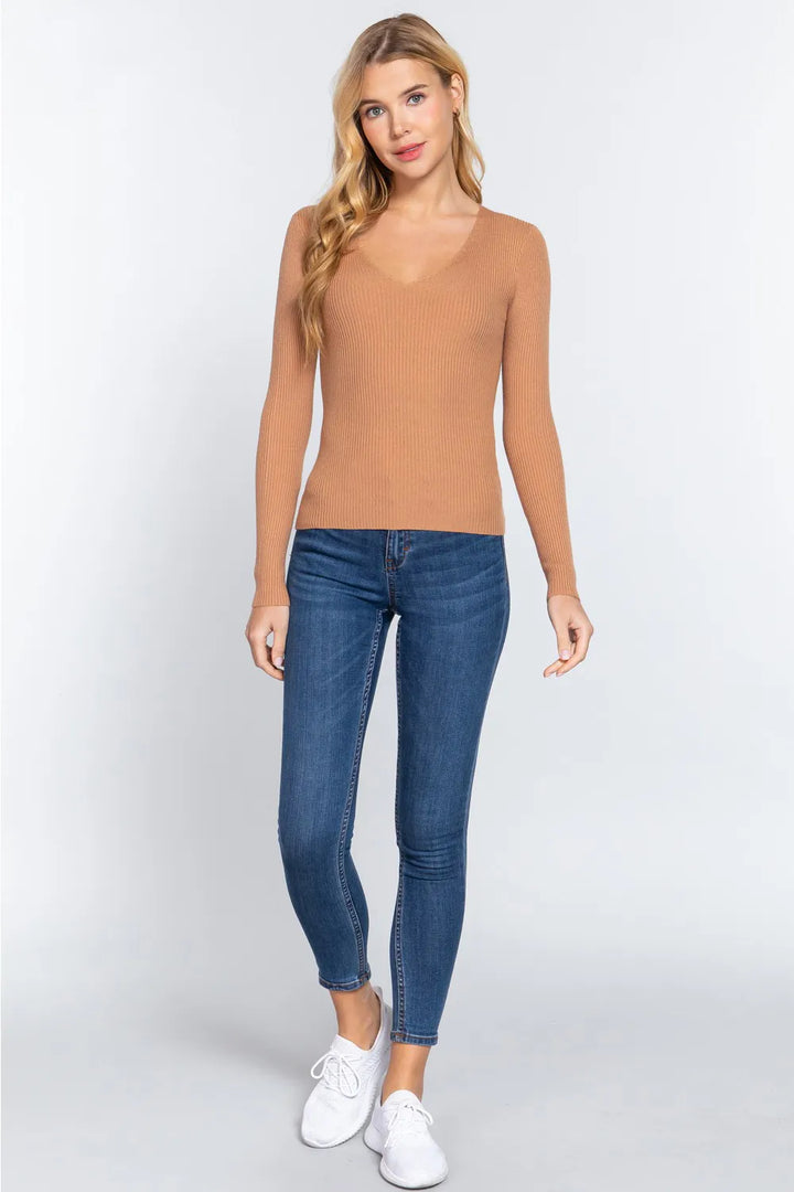 Khaki Active Basic V Neck Fitted Viscose Rib Knit Top
