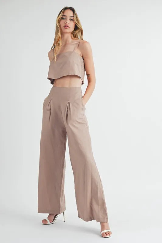 Mocha Mable Linen Mix Crop Cami And Wide Leg Pants Set