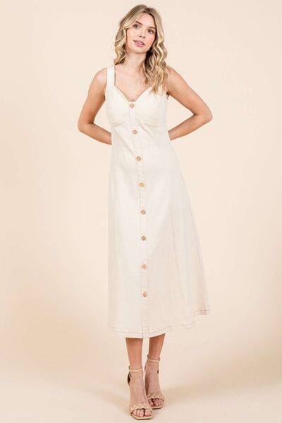 Sand Mittoshop Stretch Twill Decor Button Sleeveless Midi Dress