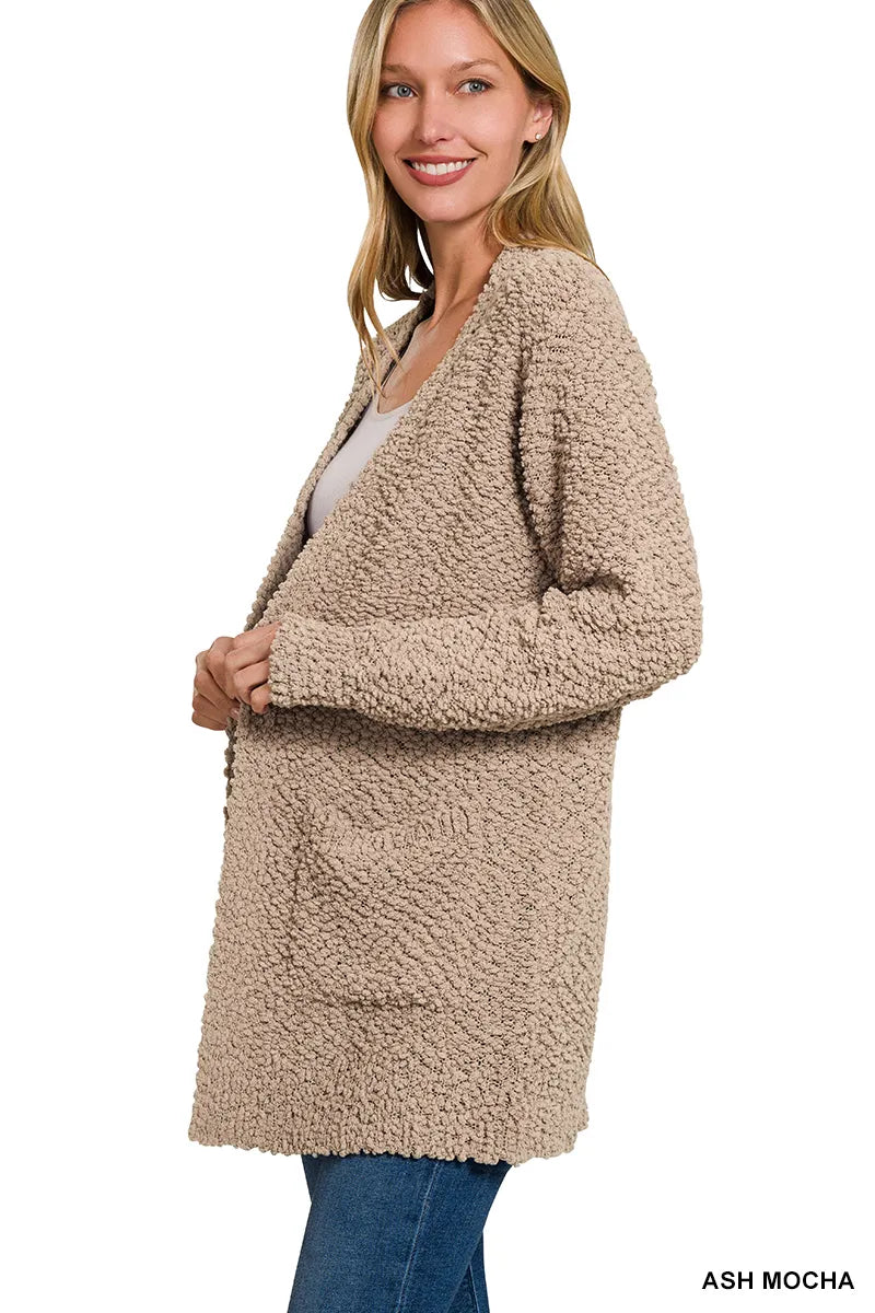 Ash Mocha Zenana Long Sleeve Popcorn Sweater Cardigan With Pockets 3